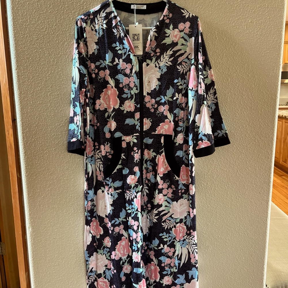 Ekouaer Womens House Coat Floral Short Sleeve Robe Sz S Zip Up Pockets NWT